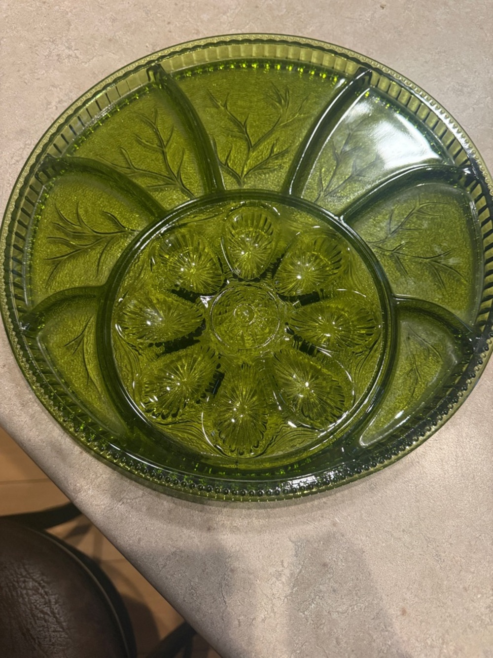 Vintage Indiana Glass avocado green deviled egg and relish serving tray